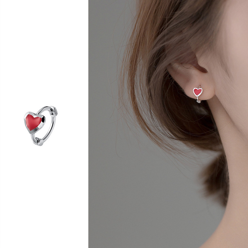 s925 Silver Japanese sweet lovely earrings women's small elegant red heart-shaped earrings G7542
