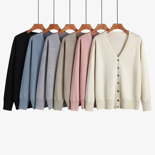 Spring new V-neck wool knitted cardigan for women, loose, simple and versatile long-sleeved button top jacket