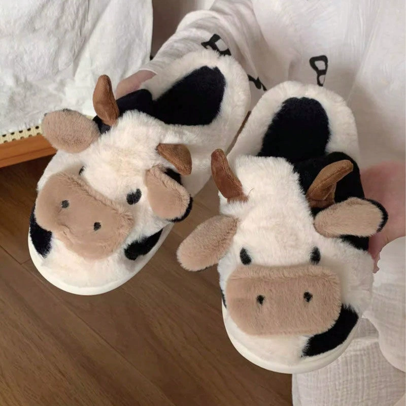Plush Demi-Season Slippers, Cozy Indoor Warm Shoes, Sizes 36–43, Cute Cow Option