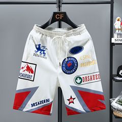 Men's Fashion Printed Slim-Fit Five-Pocket Ice Silk Quick-Dry Shorts with Belt for Summer Beach