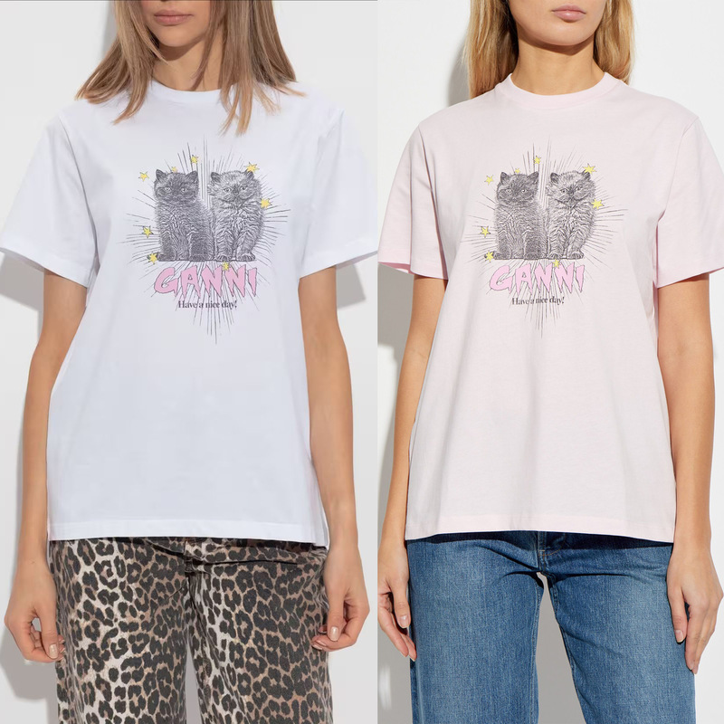 European Station 2025 Spring/Summer Fashion Round Neck Short Sleeve Thickened Brushed Cartoon Kitten Pattern Printed T-Shirt Top Trend