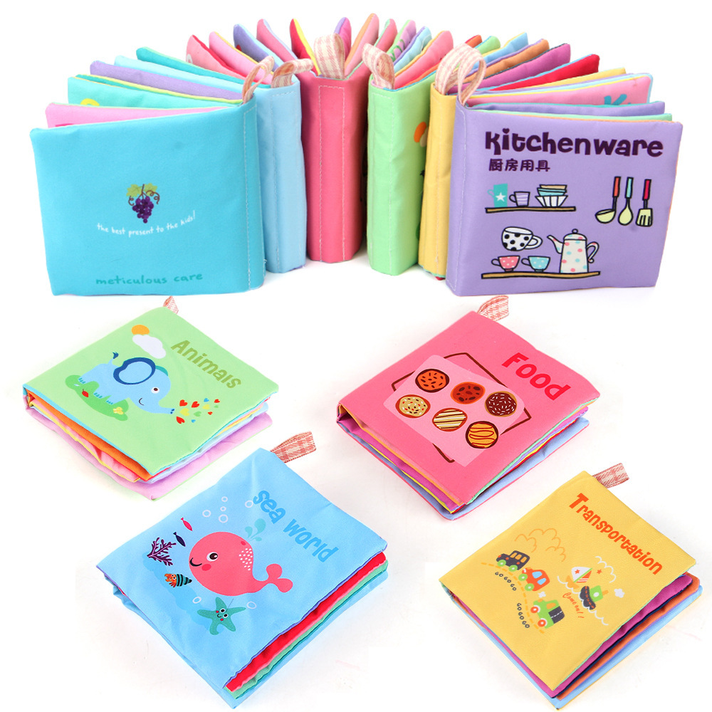Cuatro libros de tela tridimensionales transfronterizos para bebés juguetes de educación temprana 4 caras 8 páginas libros de palma de frutas y alimentos animales cognitivos libros de tela para bebés