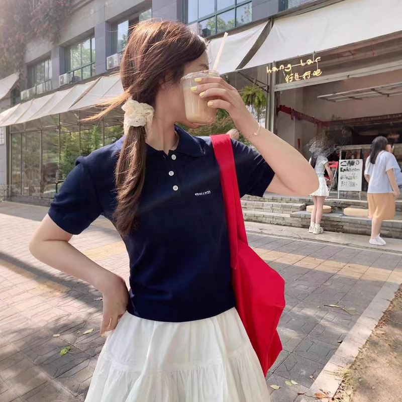 25 New Miu Series Retro Lapel Pure Color Pique Cotton Slim Short-Sleeved T-Shirt Fashionable Casual Versatile Women's Tops
