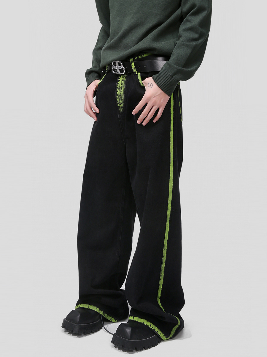 Mtlclothes ropa de Hombre | 2023 verano nuevo estilo coreano suelto pintado a mano graffiti contraste color costura línea jeans