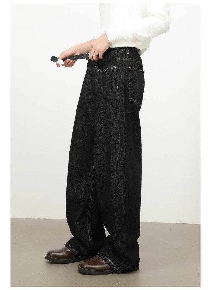 Quần jeans nam dáng rộng ống thẳng màu bò đen nguyên bản, túi thêu họa tiết, lưng giữa — Bò đen sống chi tiết 12