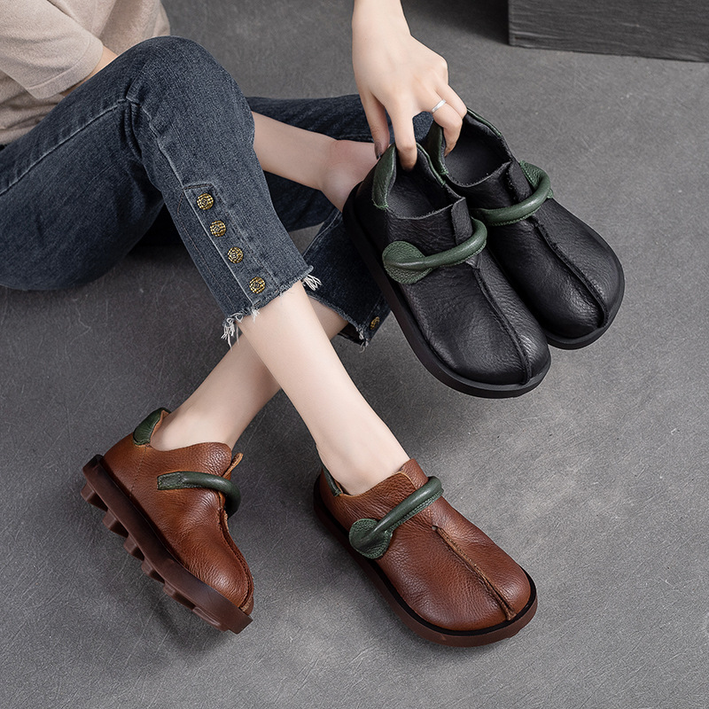 Shanghai Jie shu autumn and winter New color matching soft bottom single-layer shoes top layer cowhide Velcro comfortable retro all-match fashionable women's shoes