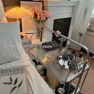 Vintage Foldable Mobile Glass Cart Wine Dining Cart Trendy Ins Transparent Glass Storage Side Table