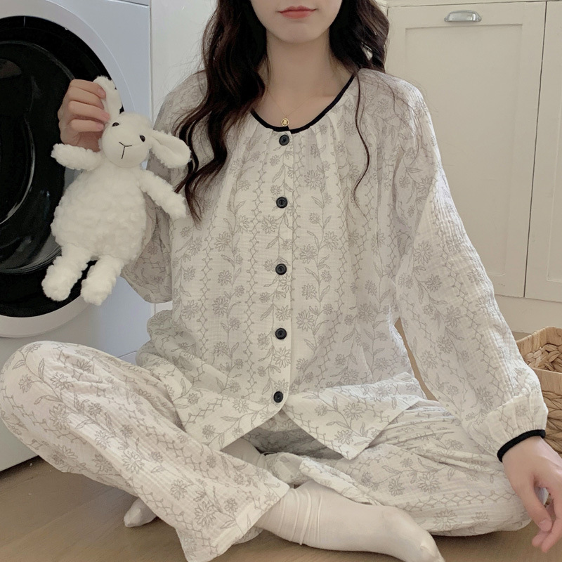 2026 Spring and Summer New In-Stock Long-Sleeve Pure Cotton Double-Layer Gauze Round-Neck Maternity Nursing Postpartum Clothing Two-Piece Set