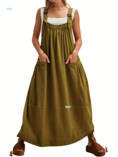 Women's Barrel Midi Dress Loose Adjustable Strap Big Pockets