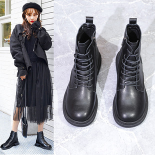 Genuine Leather Large Size Martin Boots Women's 41-43 Flat All-match 2022 Autumn New Lace-up Side Zipper Cowhide Boots
