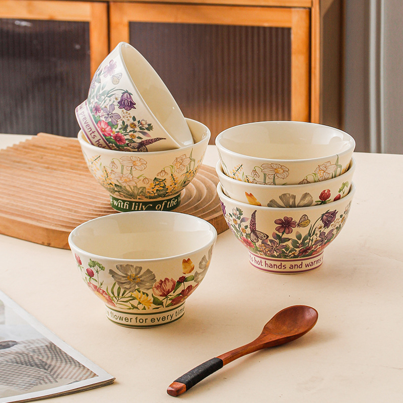 Orquídea de campana feliz lujosa doméstica ins viento cubiertos de arroz de pies altos tazón de fideos tazón de cerámica tazón de arroz de 5 pulgadas simple tazón