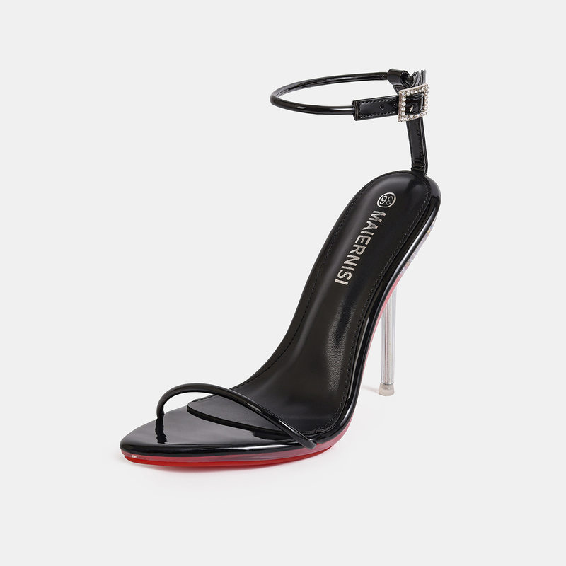 Sandal cao gót nữ quai ngang mảnh gót nhọn đế đỏ, có dây buộc cổ chân — Màu be, Màu bạc, Màu trắng, Màu tím