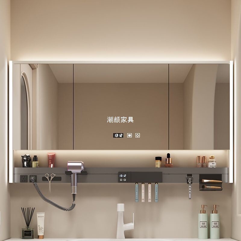 ヘアドライヤー、歯ブラシ消毒ラック、棚、雰囲気ライトを備えた多機能スマートバスルームミラーキャビネット、バスルーム一体型ミラーキャビネット|undefined
