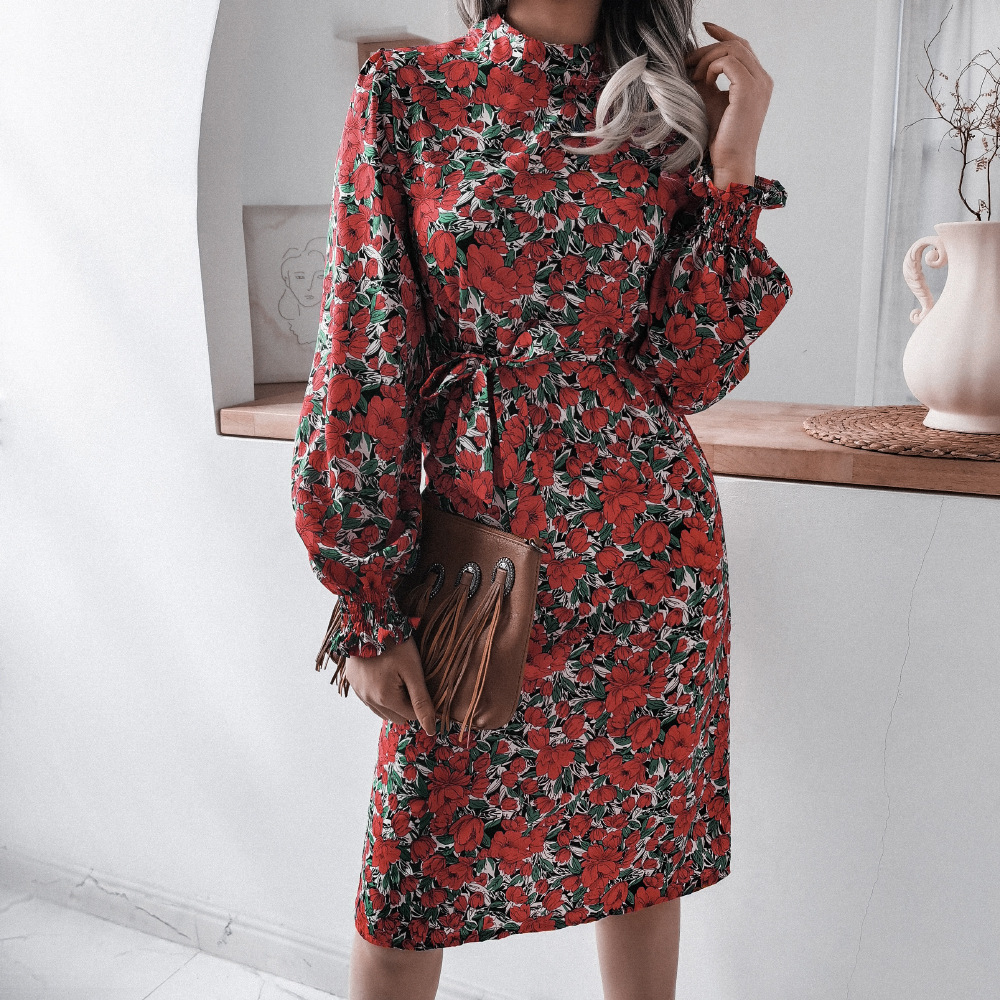 Floral Stand Collar Lantern Long Sleeve Chiffon Dress NSBJ98851