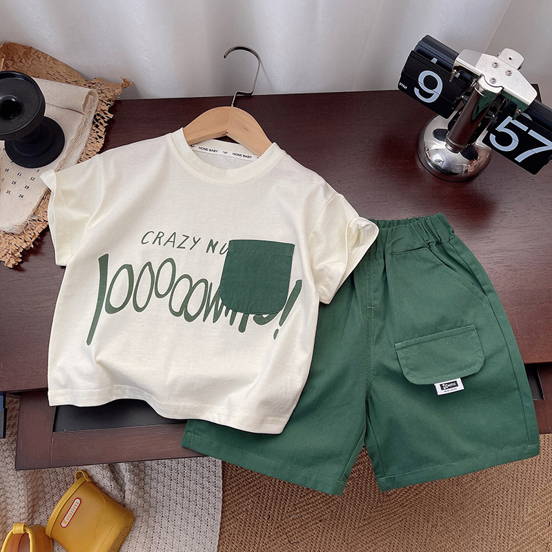 Children's Summer New suit Short-sleeved Contrast Color Printed T-shirt Boys and Girls Baby's Round Neck Casual Clothes Two-piece Set Trendy