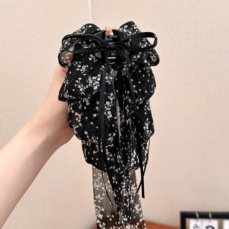 スーパーフェアリーフローラルビッグリボンリボンクリップフォレストスタイルハイエンドシャーククリップ後頭部用シフォン生地ポニーテールクリップ|undefined