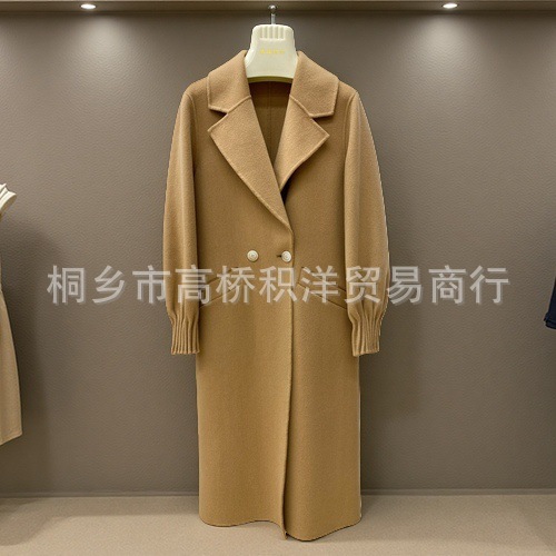 复古泡泡袖双面呢羊绒长款大衣女2025秋冬宽松西装领毛呢外套开衫