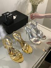 2023歐美外貿新款女鞋一字扣帶細高跟套趾金銀色涼鞋