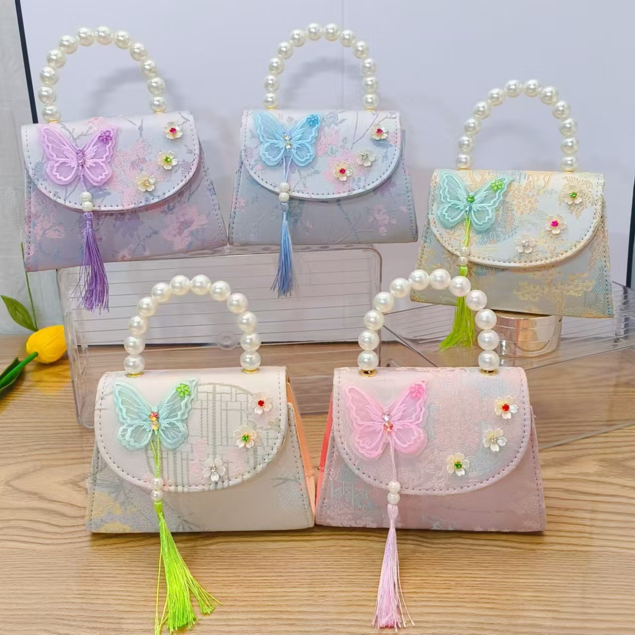Bolso de princesa con lazo de estilo chino, bolso de hombro con borla de perlas, regalo del día del niño para niñas, bolso de accesorios Hanfu