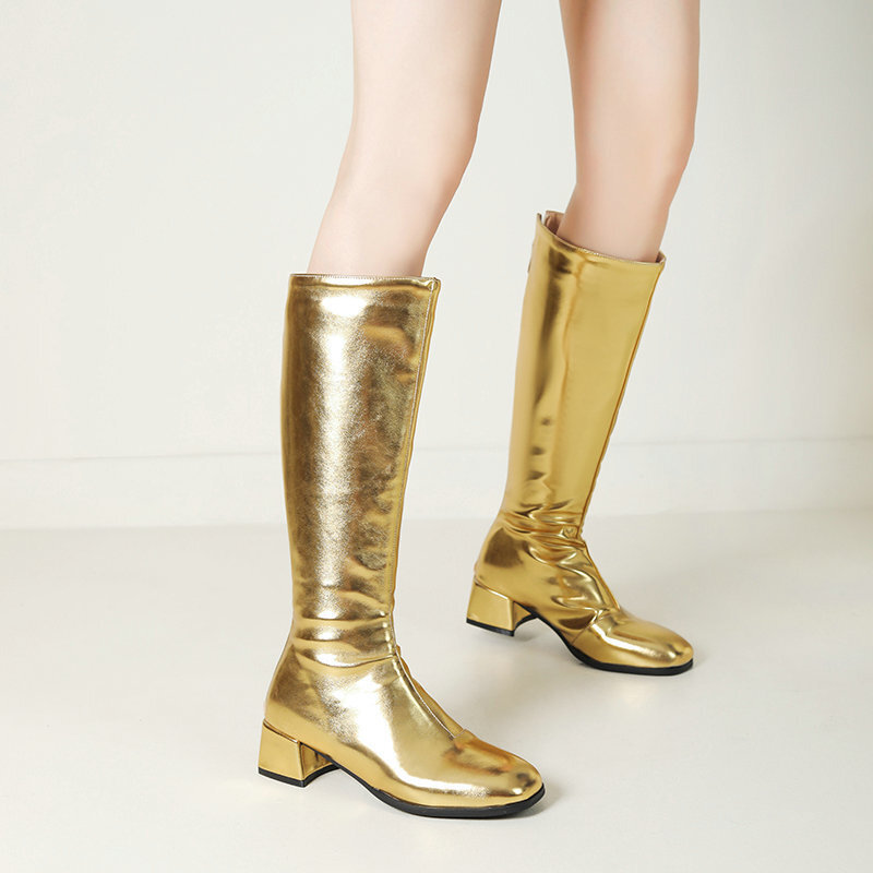 Elastic golden chain square toe platform heels with zipper