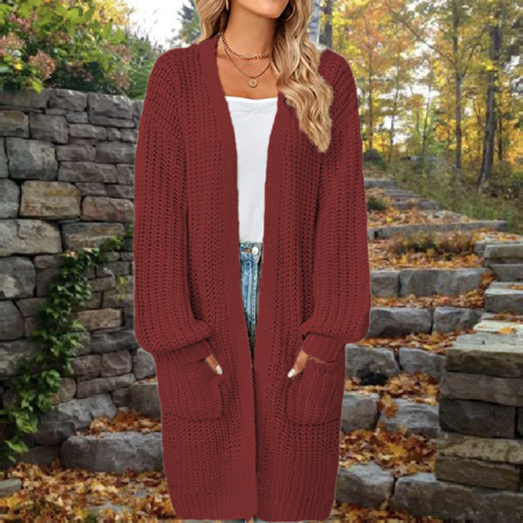 Cardigan maglione sciolto da donna con maniche a lanterna_voghion.com