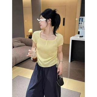 夏方领露锁骨甜美气质冰丝针织衫女修身气质收腰抽绳短袖T恤短款