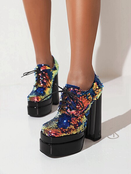 Shoes Water Table Spring and Autumn British New Fish Scale Sequin Chunky Heel High Heels Stage Deep Mouth Single Shoes Women's Shoes Lace-up Green Shoes Water Table Spring and Autumn British New Fish Scale Sequin Chunky Heel High Heels Stage Deep Mouth Single Shoes Women's Shoes Lace-up Green