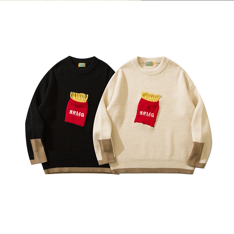 YWFG mujer americana de bolsillo patatas fritas 2024 Año Nuevo primavera pareja superior versátil cuello redondo manga larga jersey de punto