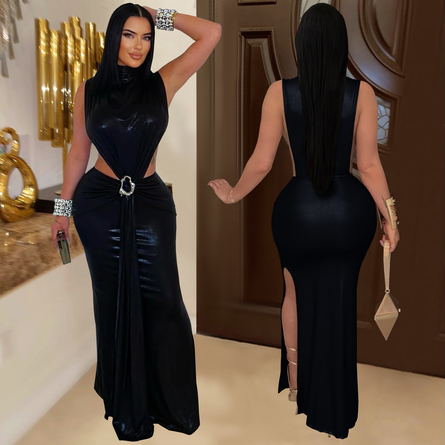 Wear Sexy Elegant Turtleneck Arm Covering Split Dress