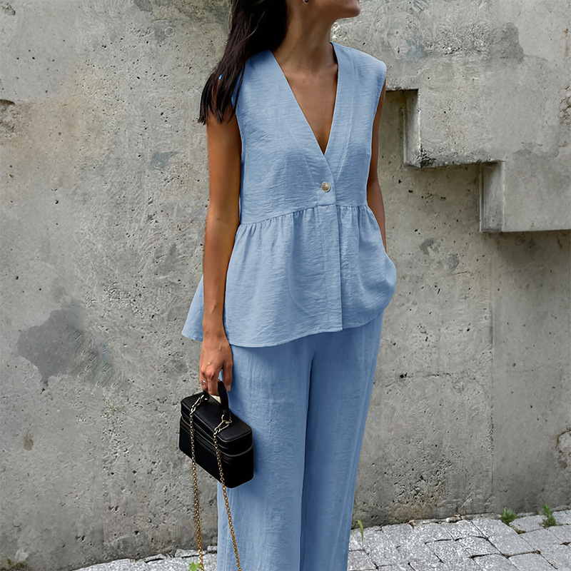 European and American 2026 Summer New Hot-Selling Fresh Commuter Style Solid Color Faux Linen Loose Vest Wide-Leg Pants Set for Women European and American 2026 Summer New Hot-Selling Fresh Commuter Style Solid Color Faux Linen Loose Vest Wide-Leg Pants Set for Women