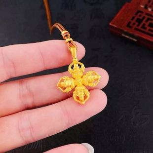 2025 Ancient Gold-Plated Cross Vajra Pestle Tibetan-Style Magic Pestle Necklace Pendant Chinese Style Pendant Copper Gold-Plated Jewelry
