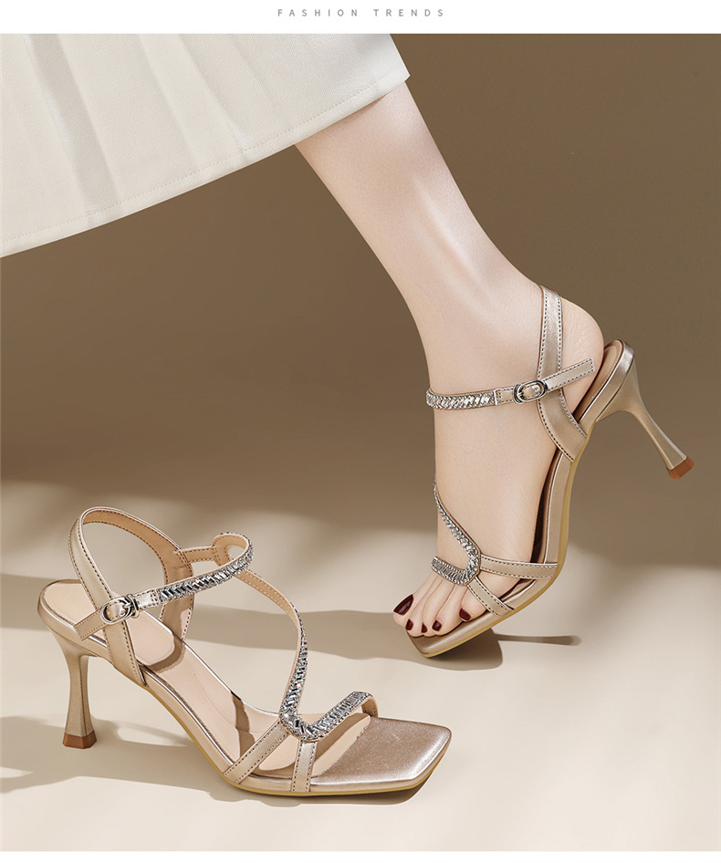 Sandal cao gót nữ quai ngang mũi vuông đính đá pha lê gót nhọn 9 cm — 7203 màu đen, 7203 màu vàng kim chi tiết 14