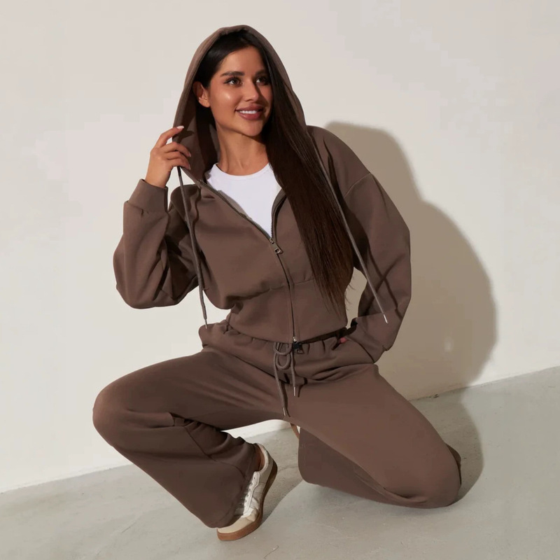 Cross-Border European and American Style Waist-Cinching Hooded Women's Sweatshirt Set, Long-Sleeve Zip-Up Cardigan Jacket, Drawstring Wide-Leg Pants Two-Piece Set Cross-Border European and American Style Waist-Cinching Hooded Women's Sweatshirt Set, Long-Sleeve Zip-Up Cardigan Jacket, Drawstring Wide-Leg Pants Two-Piece Set