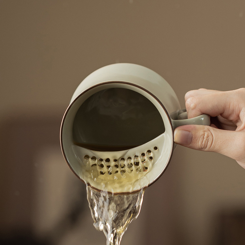 仿古汝窑黄花猫月牙水杯家用办公室开片可养陶瓷茶水分离杯马克杯|undefined