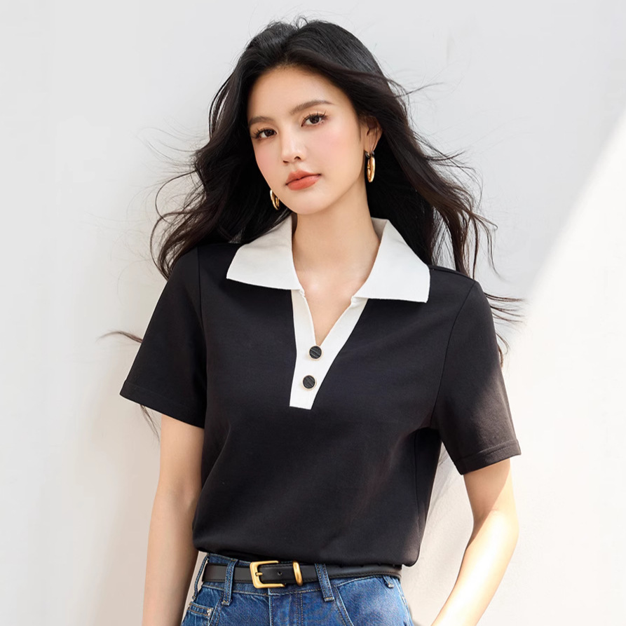R4190 브랜드 여성 통근 세련된 옷깃 스트라이프 반팔 티셔츠 여성 여름 신작 캐주얼 폴로 칼라 오른쪽 어깨
