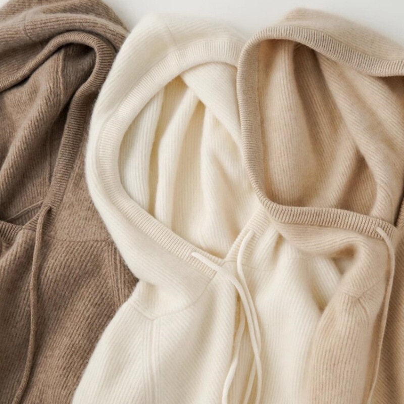 Australian Pure Wool Knitted Hooded Sweatshirt for Women, New Autumn and Winter Thickened Hooded Cashmere Loose Base Shirt