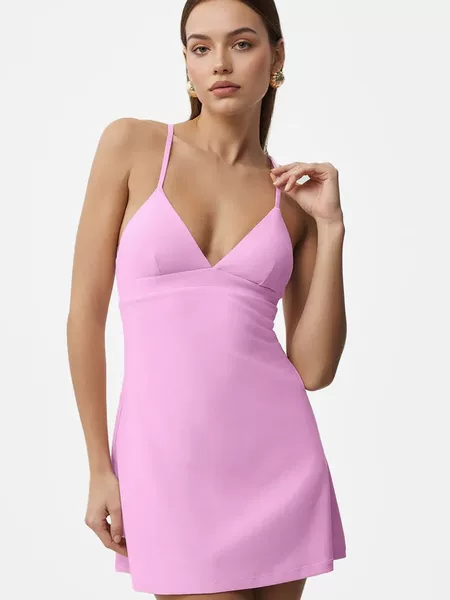 European and American Style V-Neck Strap Yoga Dress with Chest Pads, Backless Quick-Dry Summer Fitness Sports Dress, Outdoor Beautiful Back Design