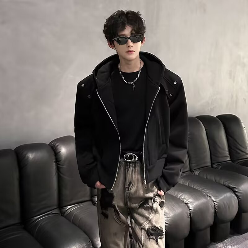 Autumn American-style deconstructed padded shoulder hooded cardigan sweatshirt jacket for men, casual sporty zip-up short jacket hoodie