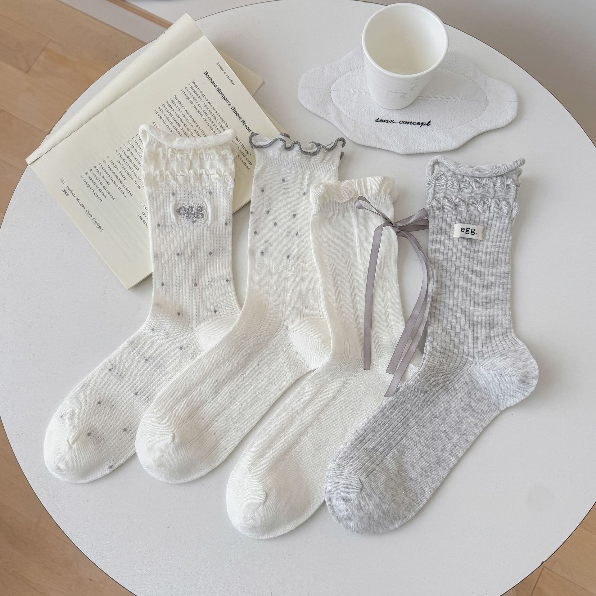 Coquette Vintage Ruffle Ribbon Pointelle Heart Cotton Crew Socks Detail View 1