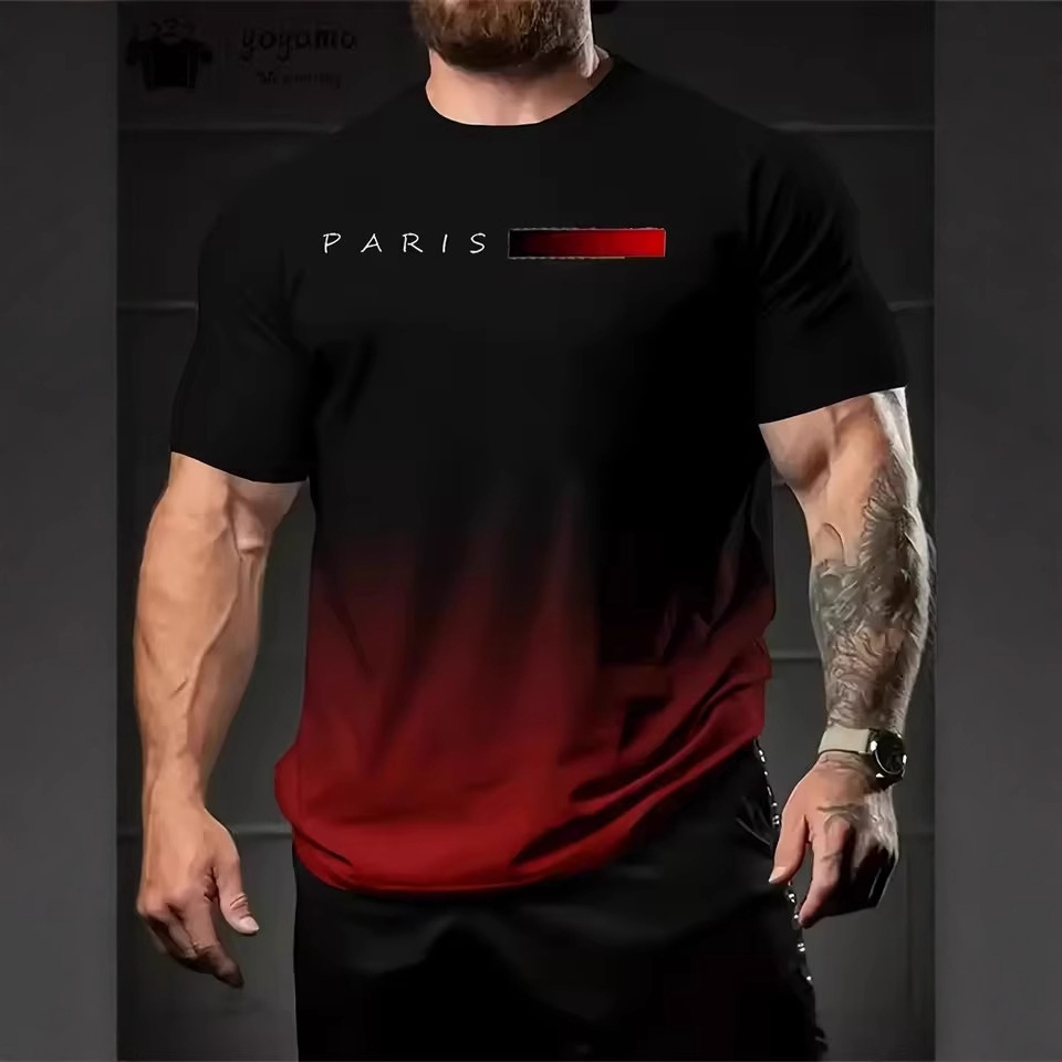 2024 venta caliente lema de color degradado impresión 3D de los hombres verano suelto y transpirable de manga corta con cuello redondo camiseta