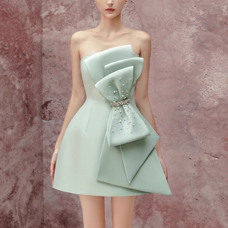 Dress with Bow, New Elegant Banquet Dress with Waist Design, Slim and Sexy Tube Top, European and American Style for Ladies
