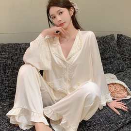 法式高级冰丝长袖睡衣女春秋款2025年新款宽松开衫长裤家居服套装