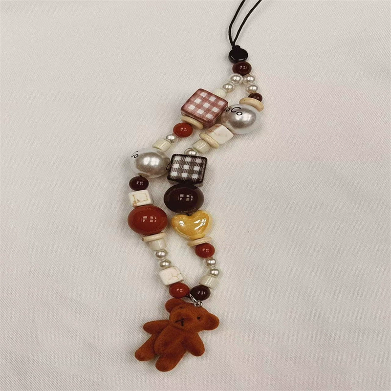 Phone Charm Strap with Velvet Bear Pendant, Beaded Lace Camera & Mobile Chain, Colorful