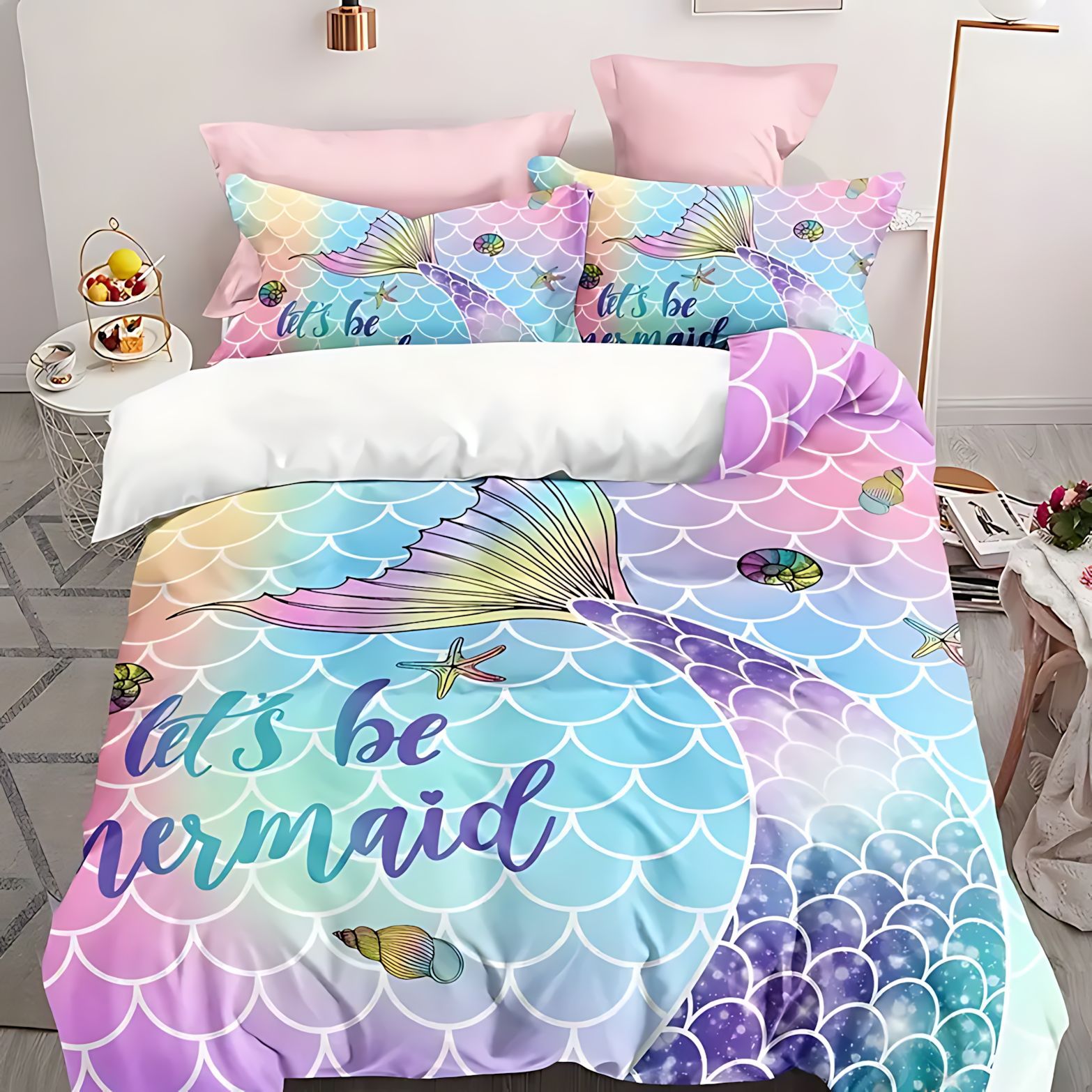 TEMU / JIT Moda encantadora sirena molida con patrón de colcha de colcha