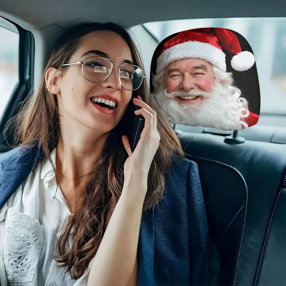 Car headrest cover with realistic smiling Santa Claus print, personalized design, universal fit for cars, can be customized with logo and made to order