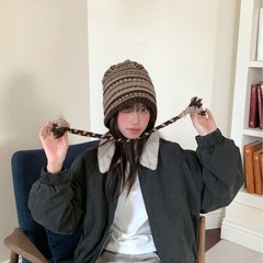 2025冬季新款美拉德风撞色条纹兜帽显脸小针织毛线帽女护耳盆帽