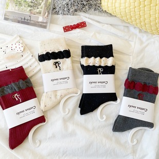 Autumn and winter new bow dot yarn tube socks winter warm lace socks embroidered bubble socks student socks