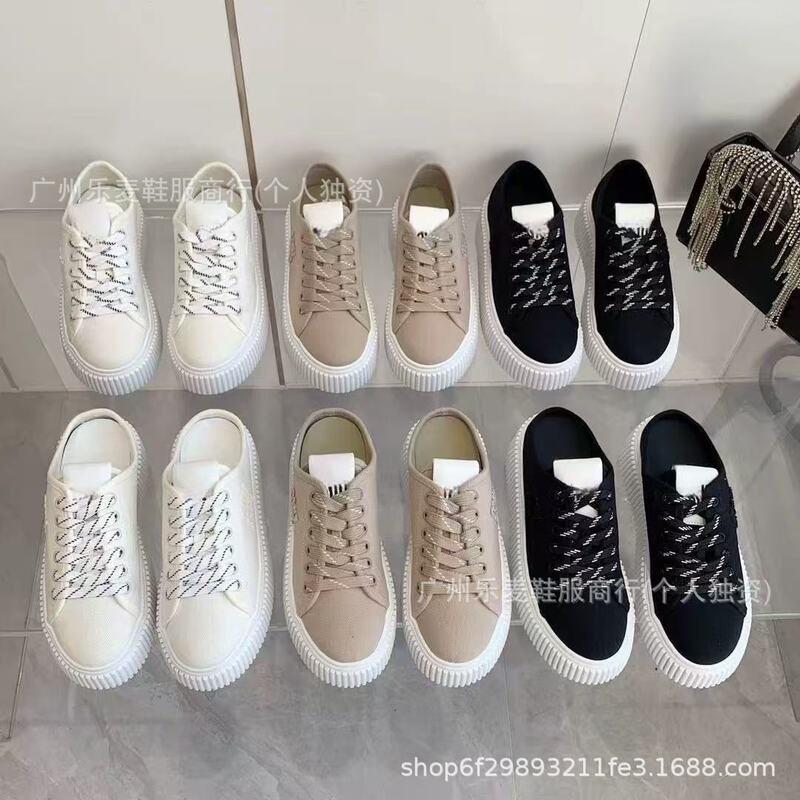 高品质~miu家新款厚底饼干帆布板鞋懒人一脚蹬休闲后空半拖小白鞋|undefined