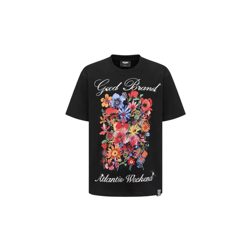 Goodbrand Floral Rhinestone Letter Logo Print Crew Neck Pullover Short Sleeve T-Shirt Unisex Trendy