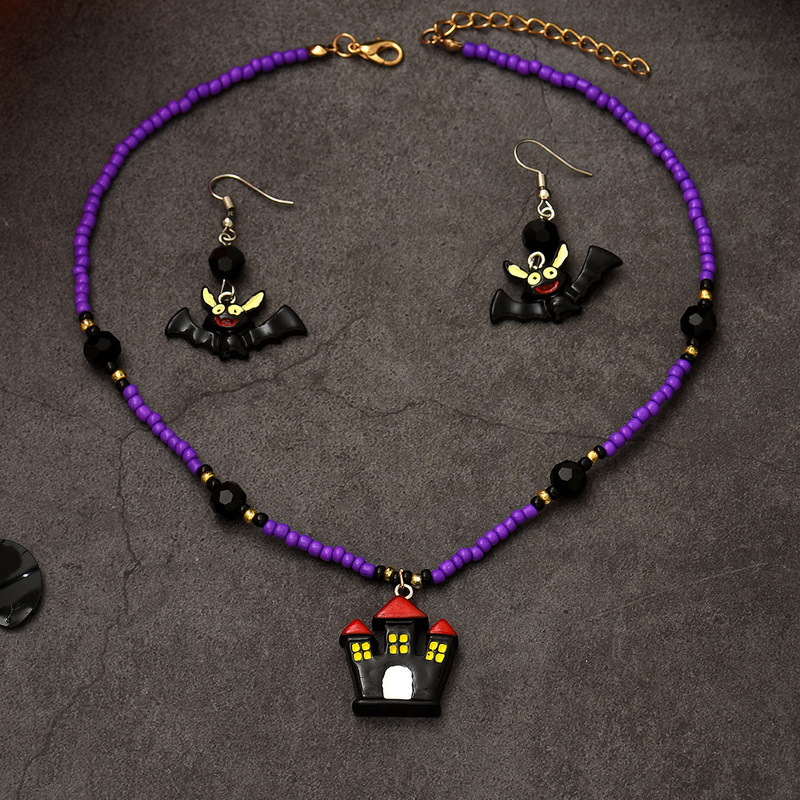Set di perline di riso di vendita calda di Halloween, collana di orecchini a forma di pipistrello del castello oscuro in resina, set di gioielli fai da te per festival di fantasmi_voghion.com